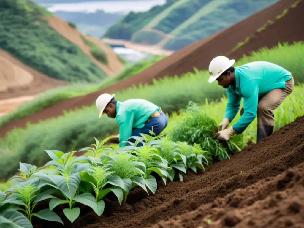 Equipo de conservacionistas implementando tácticas de control de erosión en un frágil ecosistema, con expresiones determinadas