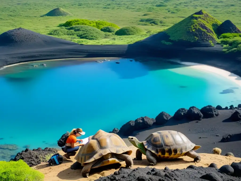 Equipo de conservacionistas monitorean y etiquetan tortugas gigantes en su hábitat natural en las Islas Galápagos