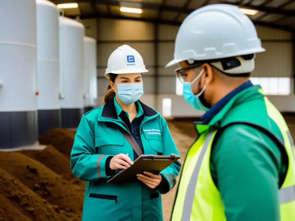 Un equipo de consultores ambientales lleva a cabo una inspección minuciosa en instalaciones empresariales, tomando muestras de suelo, inspeccionando la calidad del aire y documentando riesgos ambientales potenciales