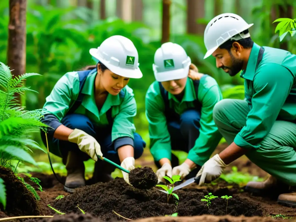 Un equipo de consultores ambientales realiza una cuidadosa siembra de árboles nativos en un bosque exuberante