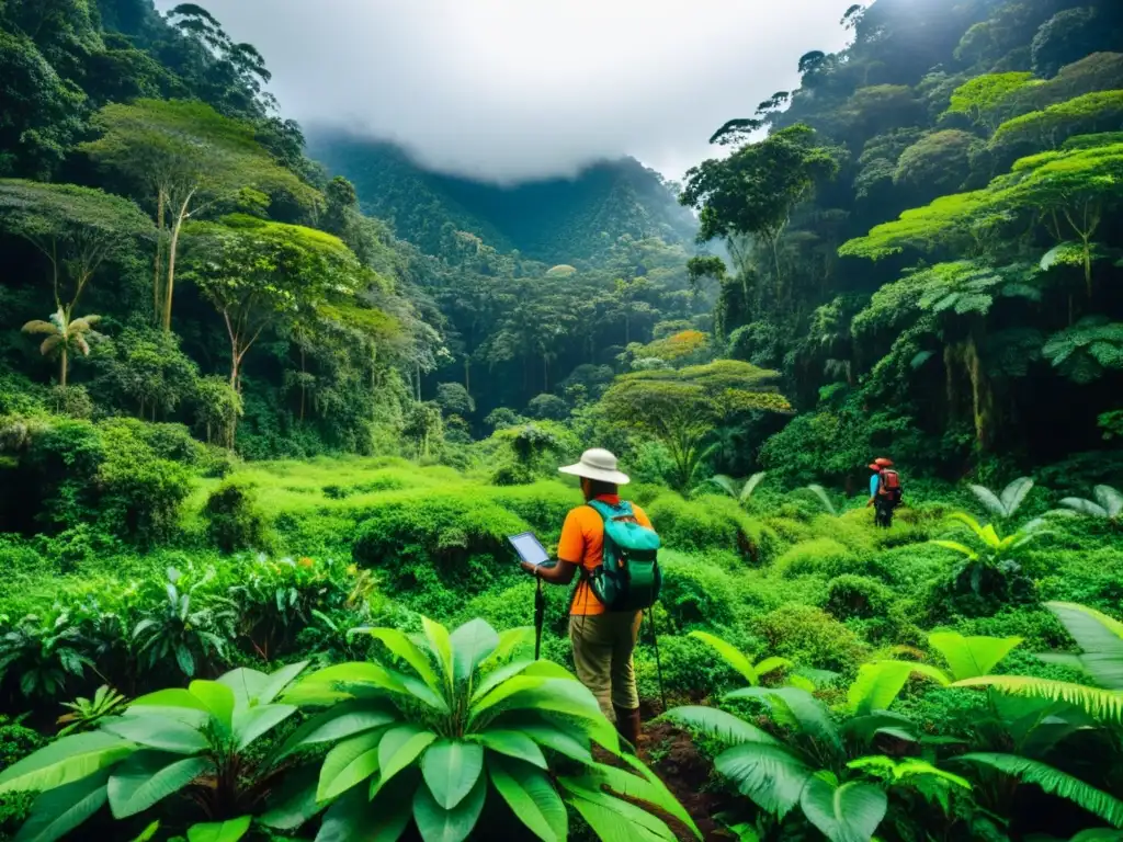 Equipo de consultores ambientales documentando biodiversidad en la selva