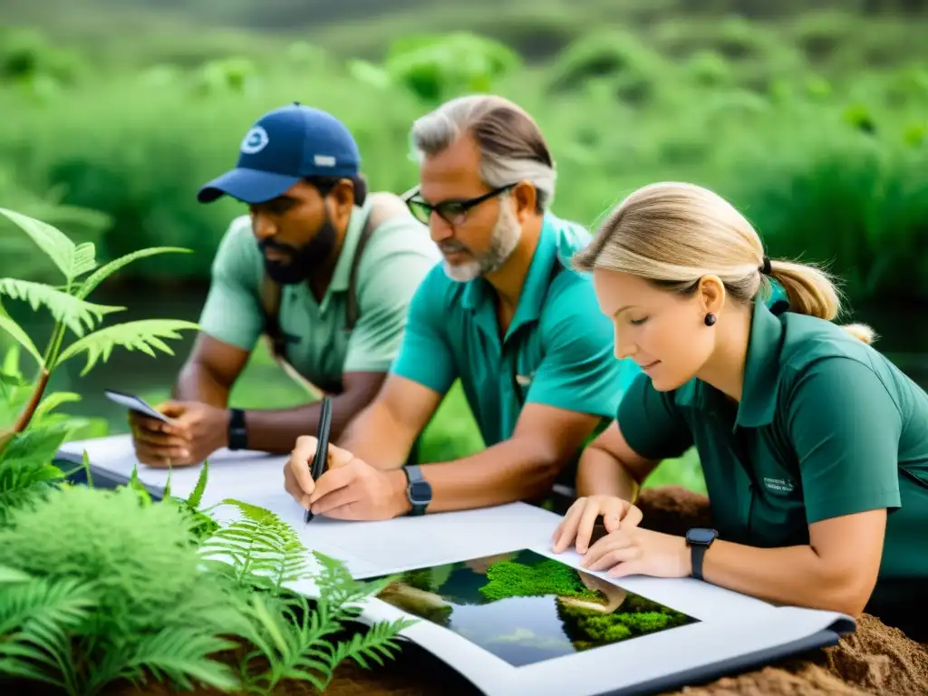 Un equipo de consultores de conservación estudia detalladamente un ecosistema diverso, capturando la intensidad y dedicación de su trabajo