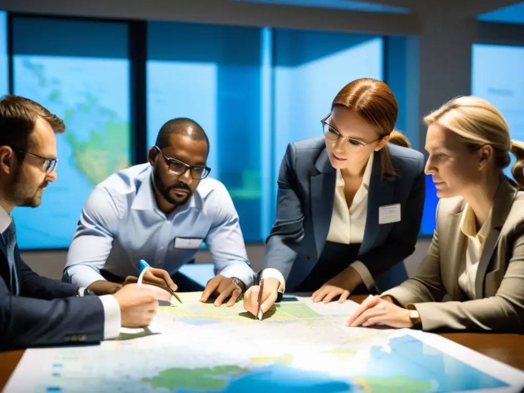 Equipo de consultores en reunión, discutiendo gestión sostenible recursos hídricos, rodeados de mapas y gráficos