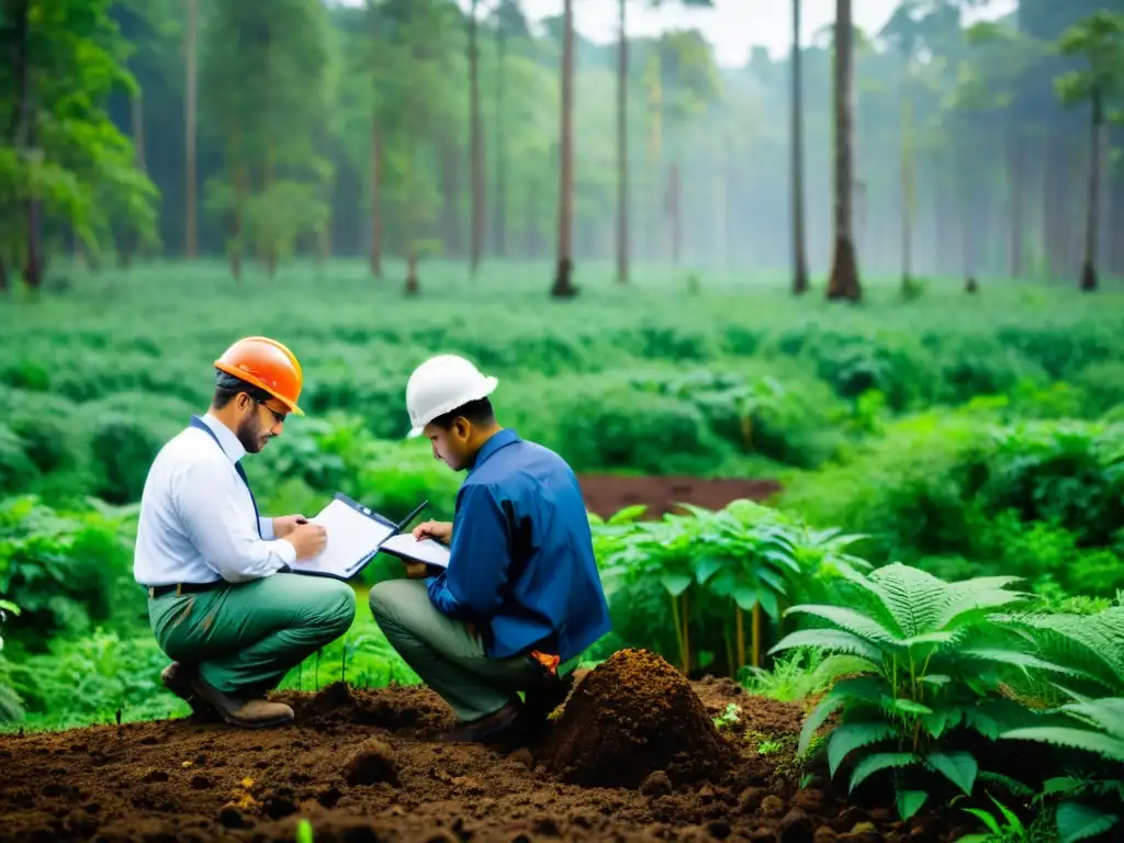 Equipo de consultoría ambiental para empresas sostenibles realizando estudio de campo en un bosque biodiverso