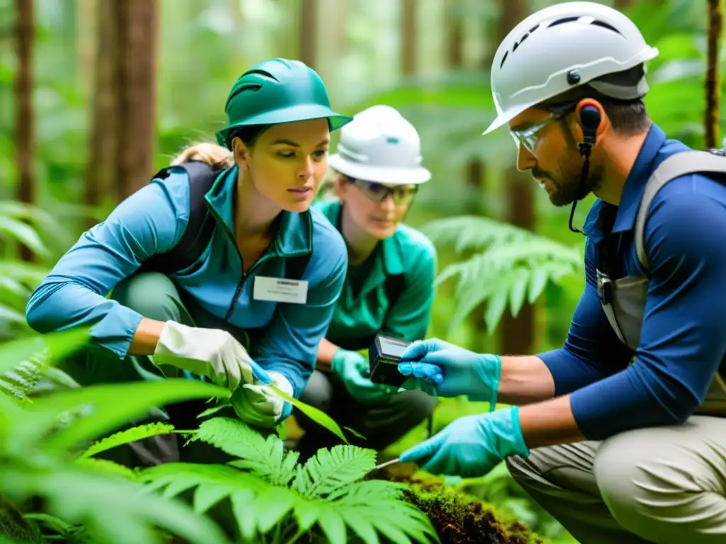 Equipo de consultoría ambiental para empresas sostenibles realizando investigación de campo en un exuberante bosque biodiverso