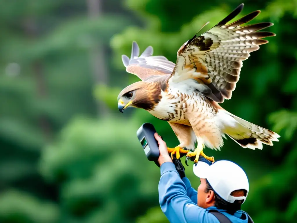 Equipo de consultoría en manejo de fauna silvestre liberando con cuidado a un halcón de cola roja rehabilitado, en una hermosa y exuberante naturaleza