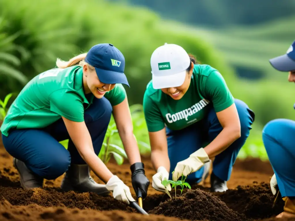 Equipo corporativo plantando árboles en proyecto de reforestación, integrando biodiversidad corporativa en negocios