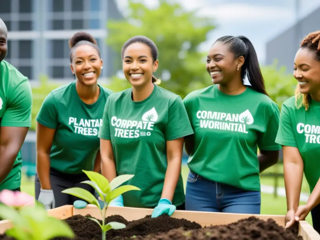 Un equipo corporativo diverso participa en un taller de educación ambiental, plantando árboles y flores