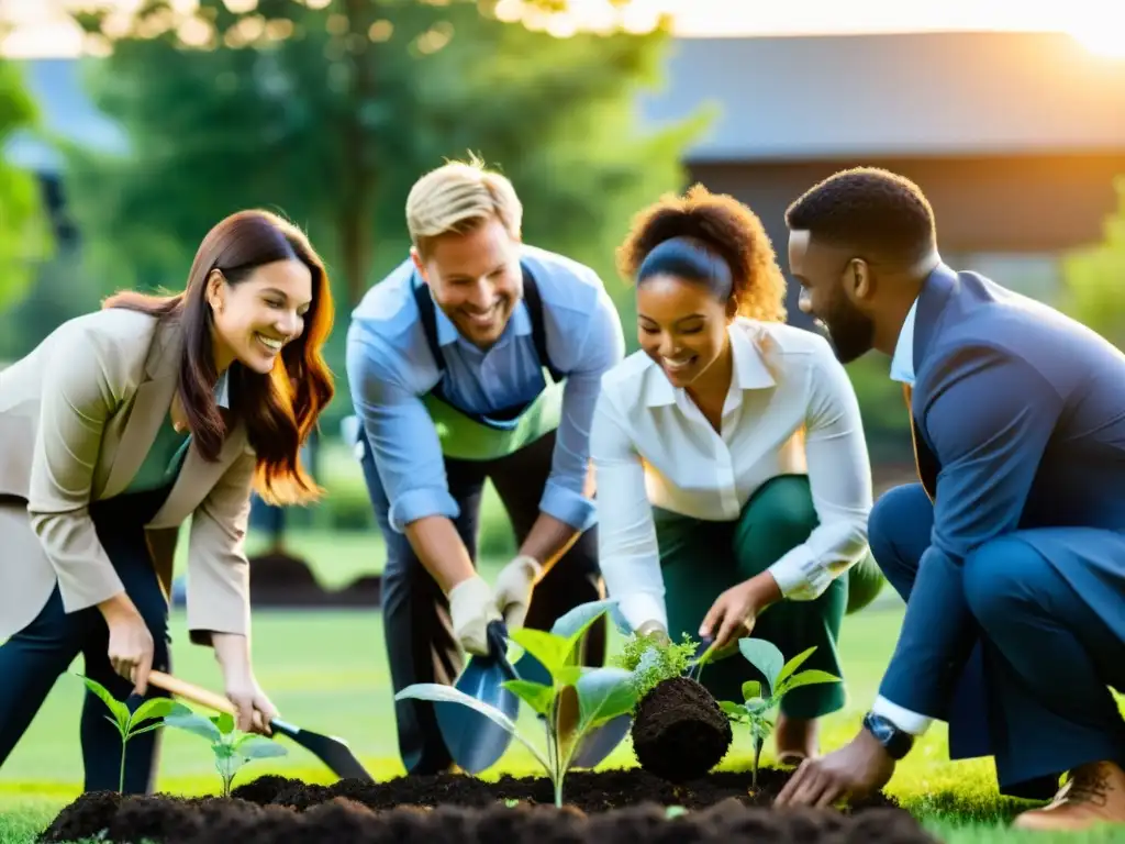 Equipo corporativo participando en taller de educación ambiental para empresas, plantando árboles y cuidando jardín comunitario al atardecer