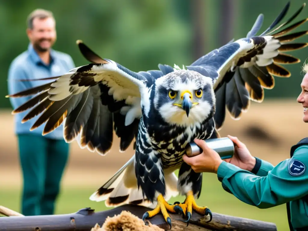 Un equipo de biólogos libera con cuidado un águila arpía rehabilitada en su hábitat natural, mostrando la conservación de especies en ecosistemas