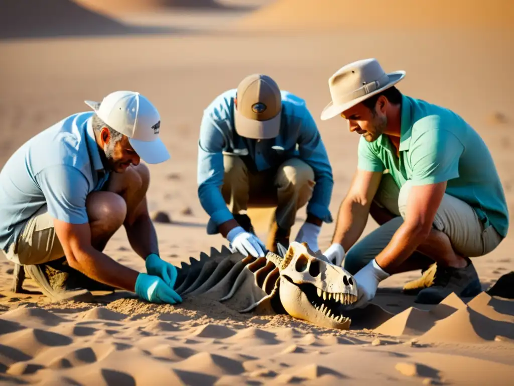 Un equipo de paleontólogos excava con cuidado un fósil de dinosaurio en un remoto desierto