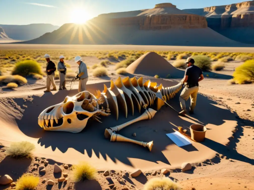 Equipo de paleontólogos excavando con cuidado fósiles de criaturas prehistóricas en un paisaje árido, reconstrucción ecosistemas extintos fósiles