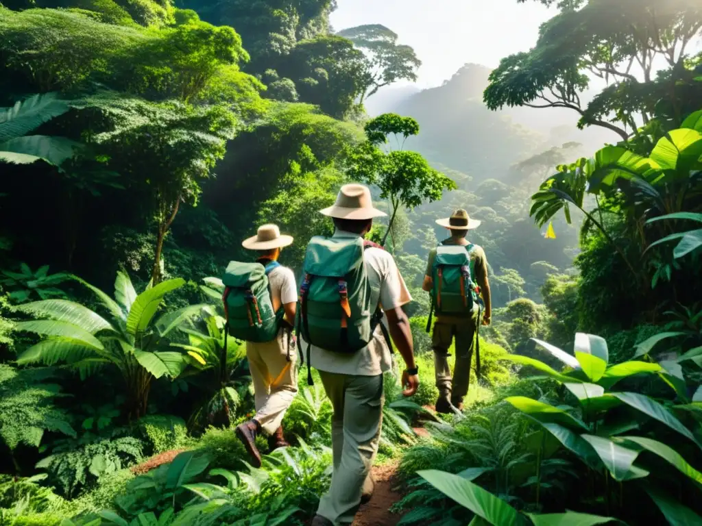 Equipo de investigación con desafíos logísticos en la selva, explorando la exuberante vegetación mientras el sol se filtra a través del dosel