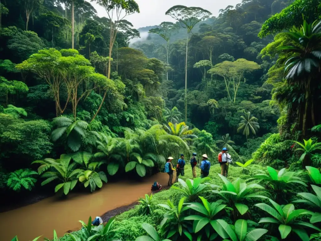 Un equipo diverso de científicos ambientales realiza investigación de campo en una exuberante y biodiversa selva tropical, destacando su dedicación al Curso análisis ciclo vida ambiental