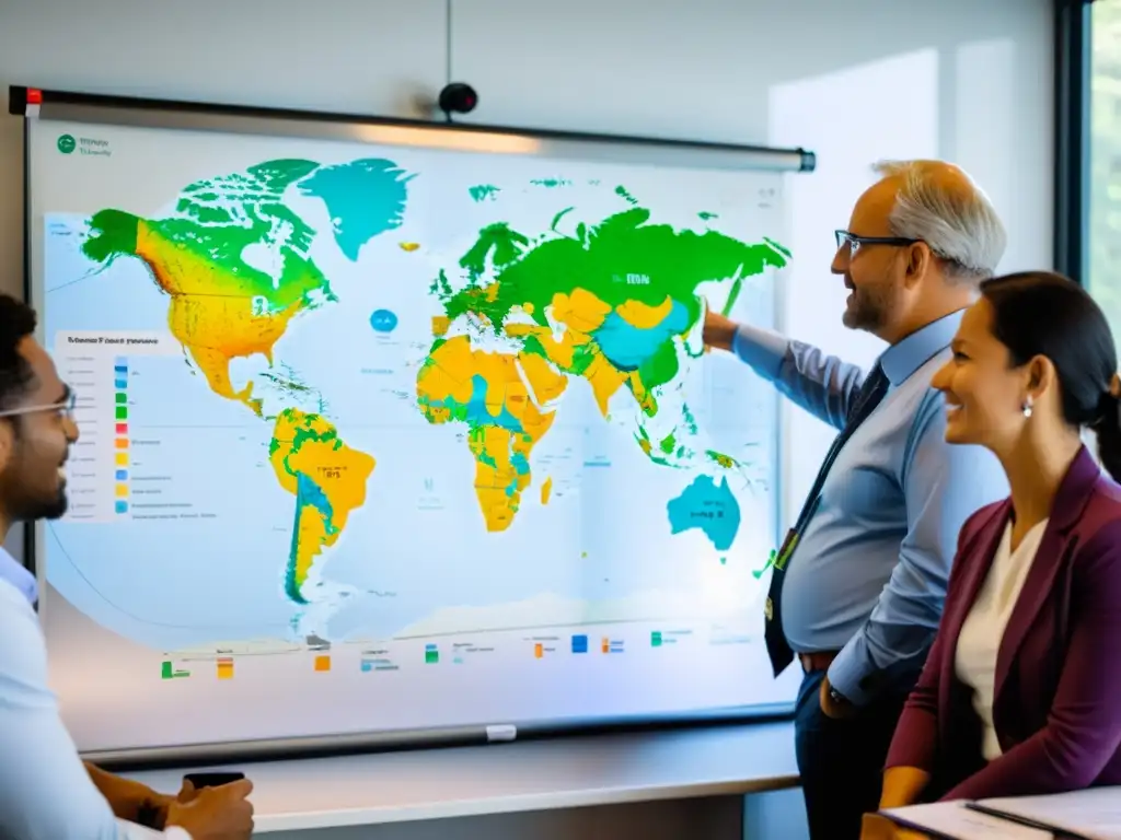 Un equipo diverso de científicos y consultores se reúnen alrededor de mapas y gráficos, debatiendo estrategias de adaptación al cambio climático