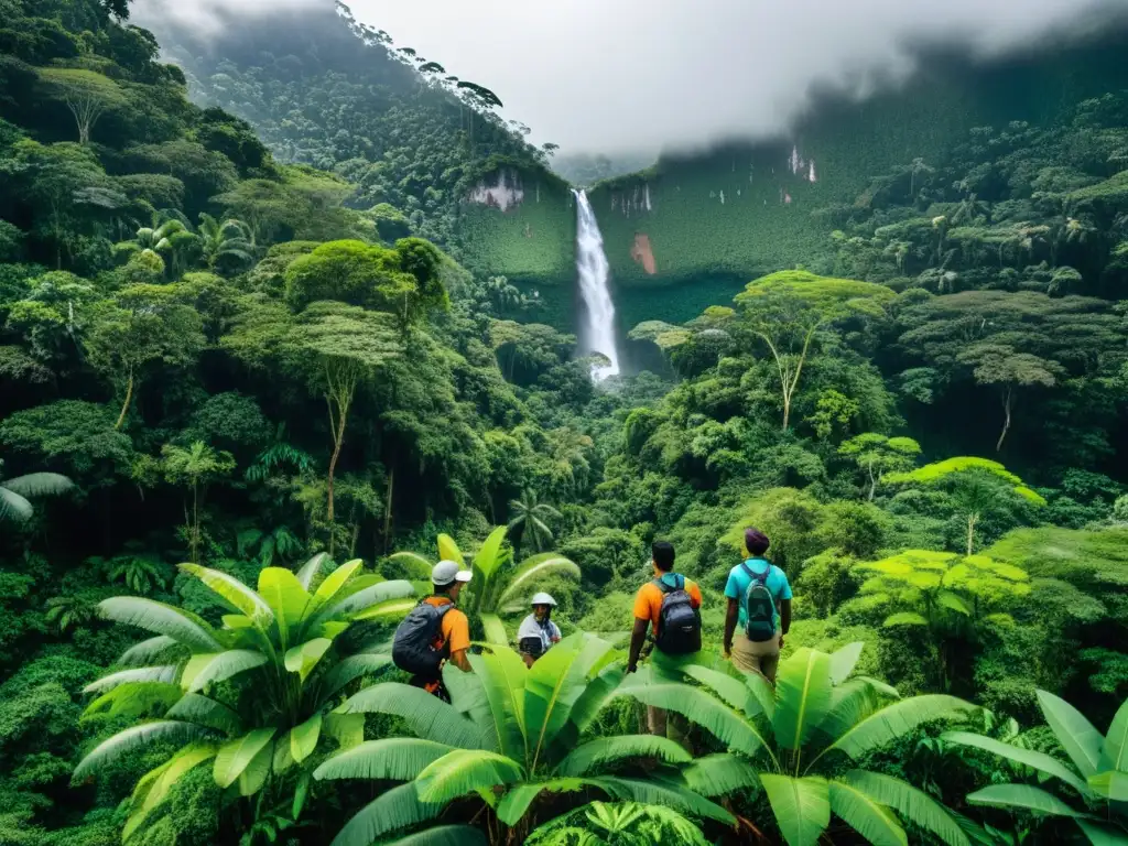 Equipo diverso de científicos de conservación evaluando efectividad políticas conservación en exuberante selva biodiversa con tecnología avanzada