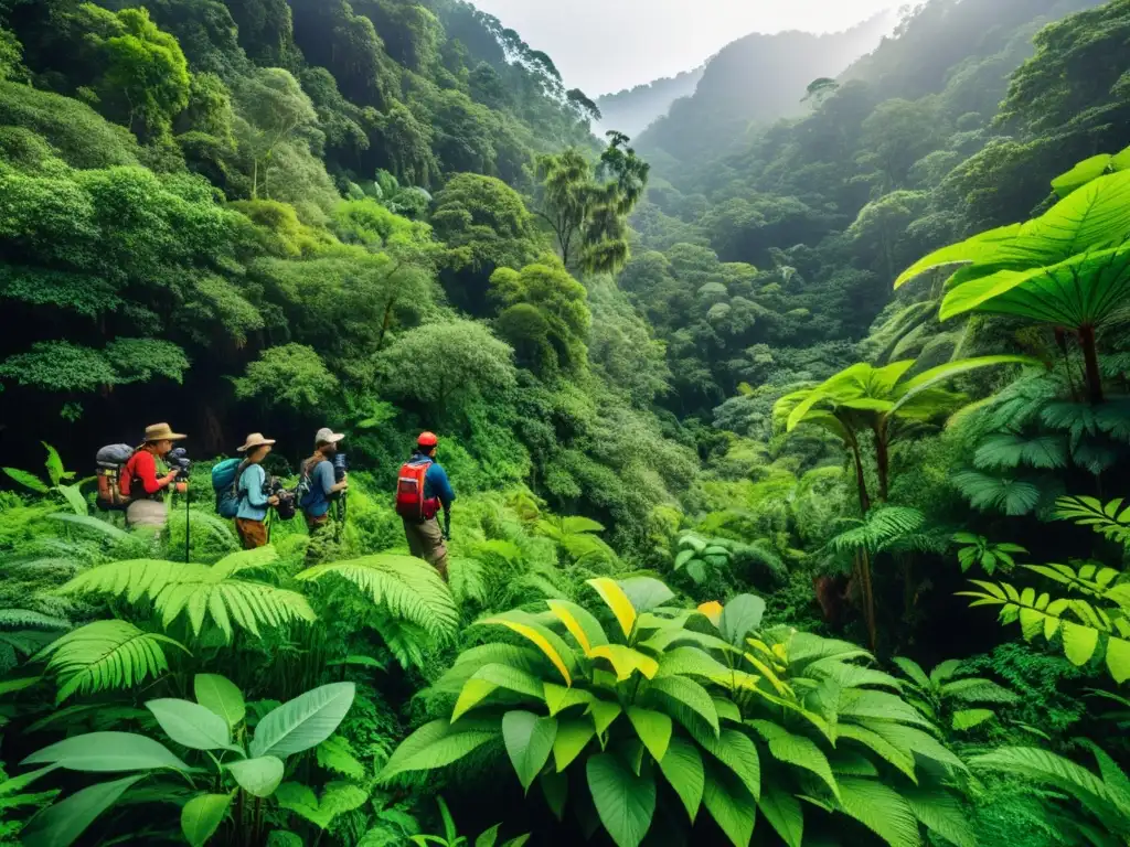 Un equipo diverso de ecólogos realiza investigación de campo en un exuberante bosque biodiverso