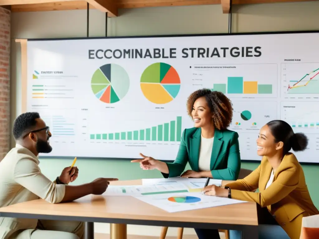 Equipo diverso discute estrategias de marketing ecológico sustentable con gráficos en una sala luminosa adornada con posters ecofriendly