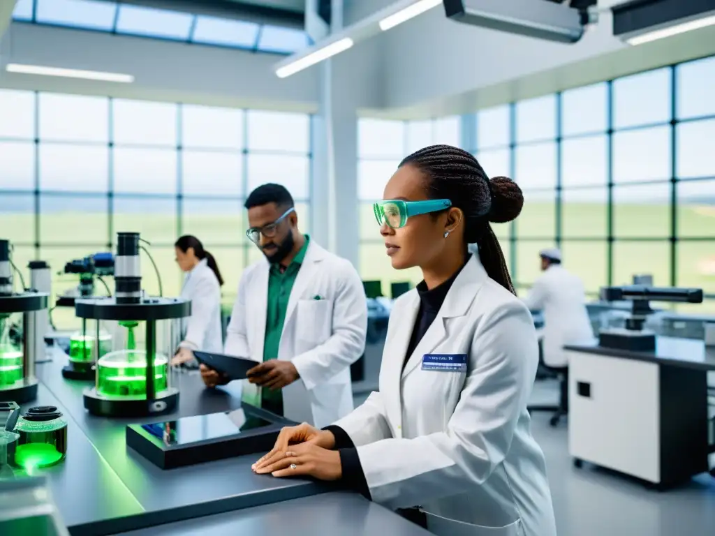 Equipo diverso de ingenieros y científicos en laboratorio de tecnología verde, colaborando en innovación sostenible