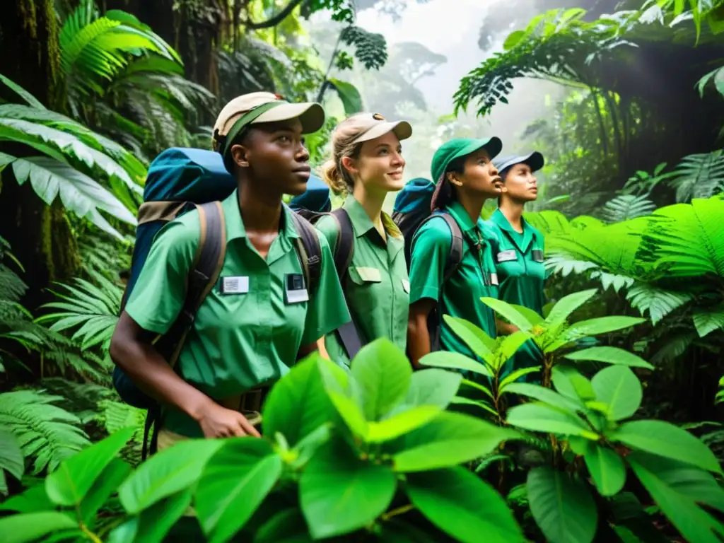 Un equipo diverso de jóvenes conservacionistas explora un exuberante bosque tropical, documentando la rica biodiversidad