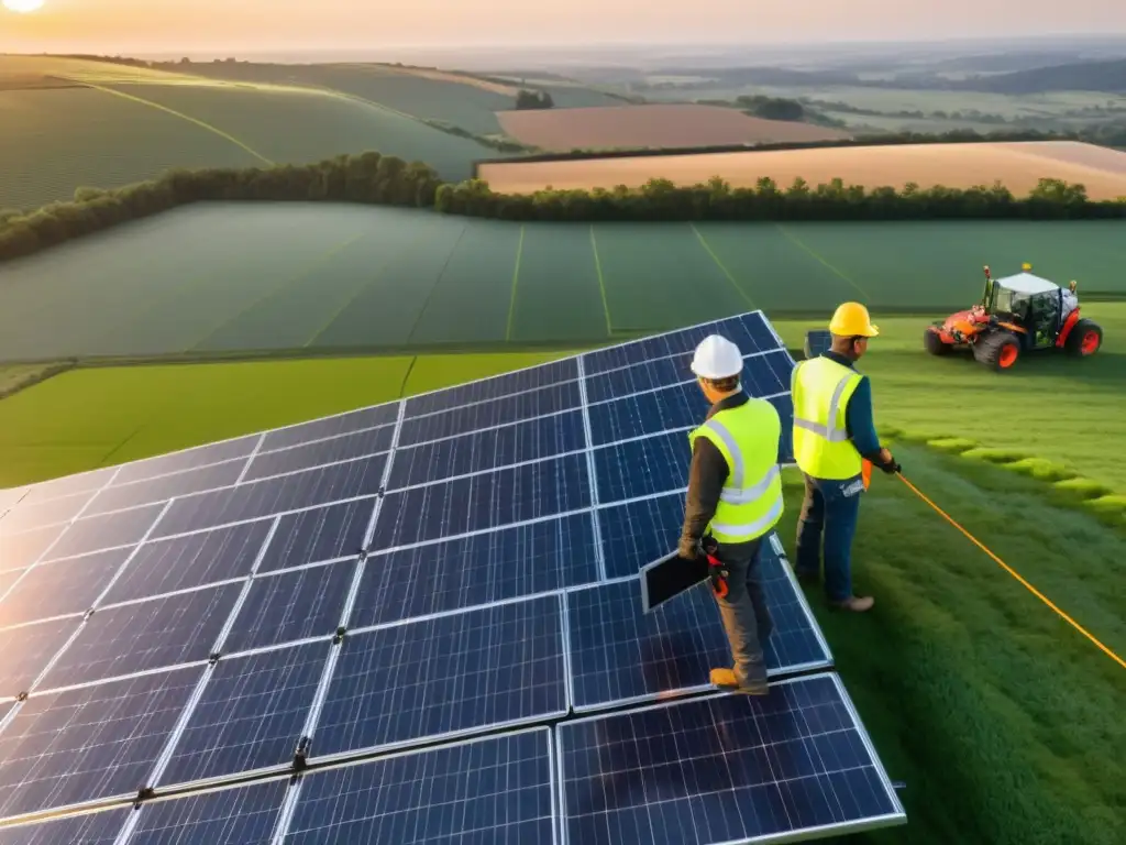 Un equipo diverso instala paneles solares en un campo verde al atardecer, resaltando la importancia de los bonos verdes