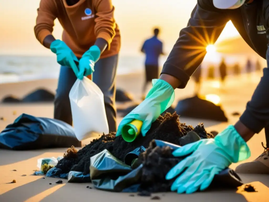 Un equipo diverso de voluntarios trabaja juntos para limpiar una playa contaminada al atardecer