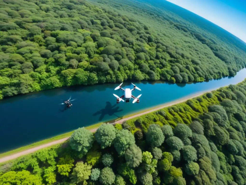 Equipo de investigación y conservación maniobrando drones sobre un exuberante paisaje, capturando imágenes aéreas detalladas