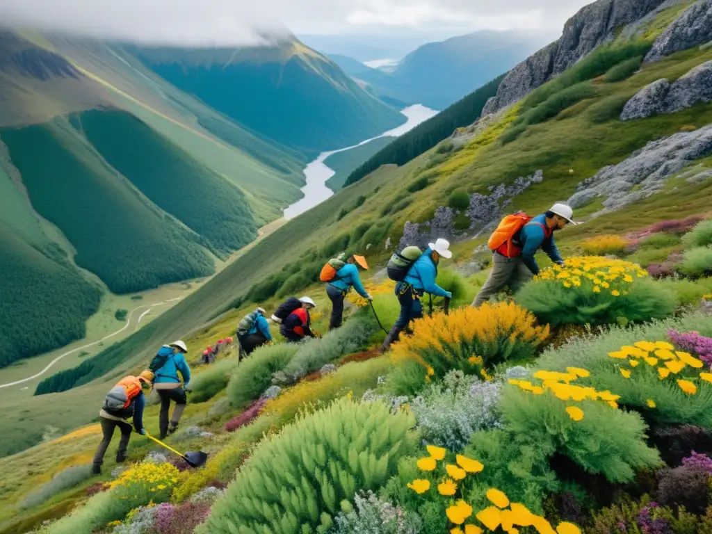 Equipo de ecologistas y botánicos restaurando ecosistemas de montaña, plantando vegetación nativa con cuidado en ladera empinada