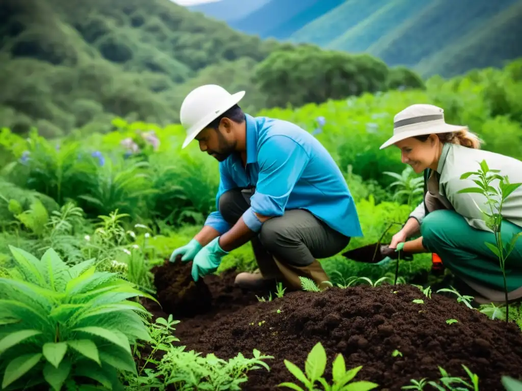 Un equipo de ecologistas y científicos ambientales trabajando juntos en la restauración de un ecosistema diverso y exuberante