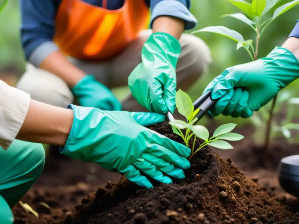 Un equipo de ecologistas y científicos ambientales trabaja en la restauración de un ecosistema degradado, plantando árboles nativos y arbustos