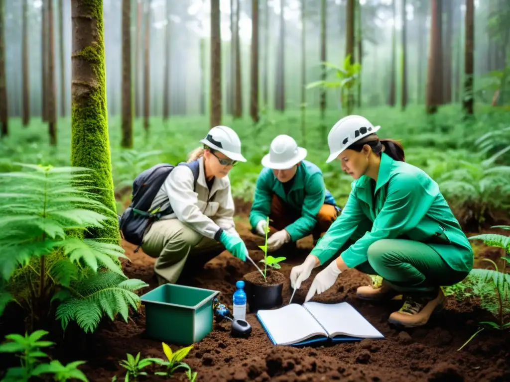 Equipo de ecologistas y científicos ambientales trabajando en la restauración de un exuberante ecosistema forestal