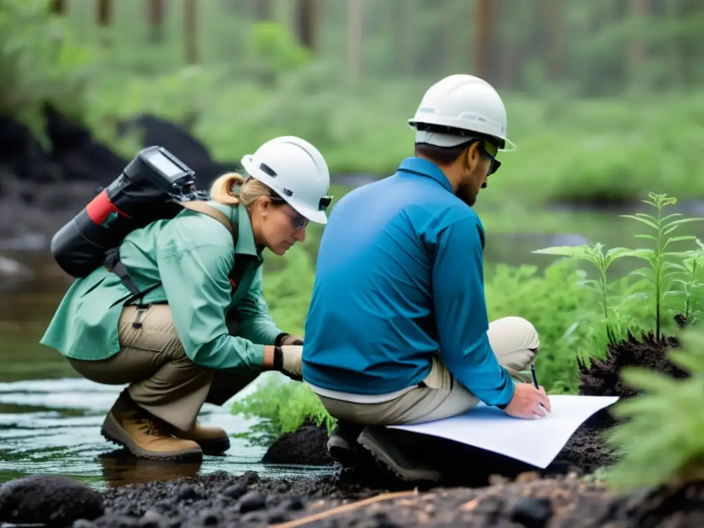 Un equipo de ecologistas y científicos ambientales realiza una minuciosa investigación en un ecosistema dañado