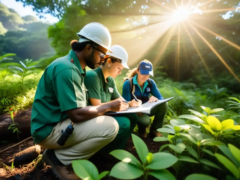 Equipo de ecologistas y conservacionistas documentando una diversa ecología