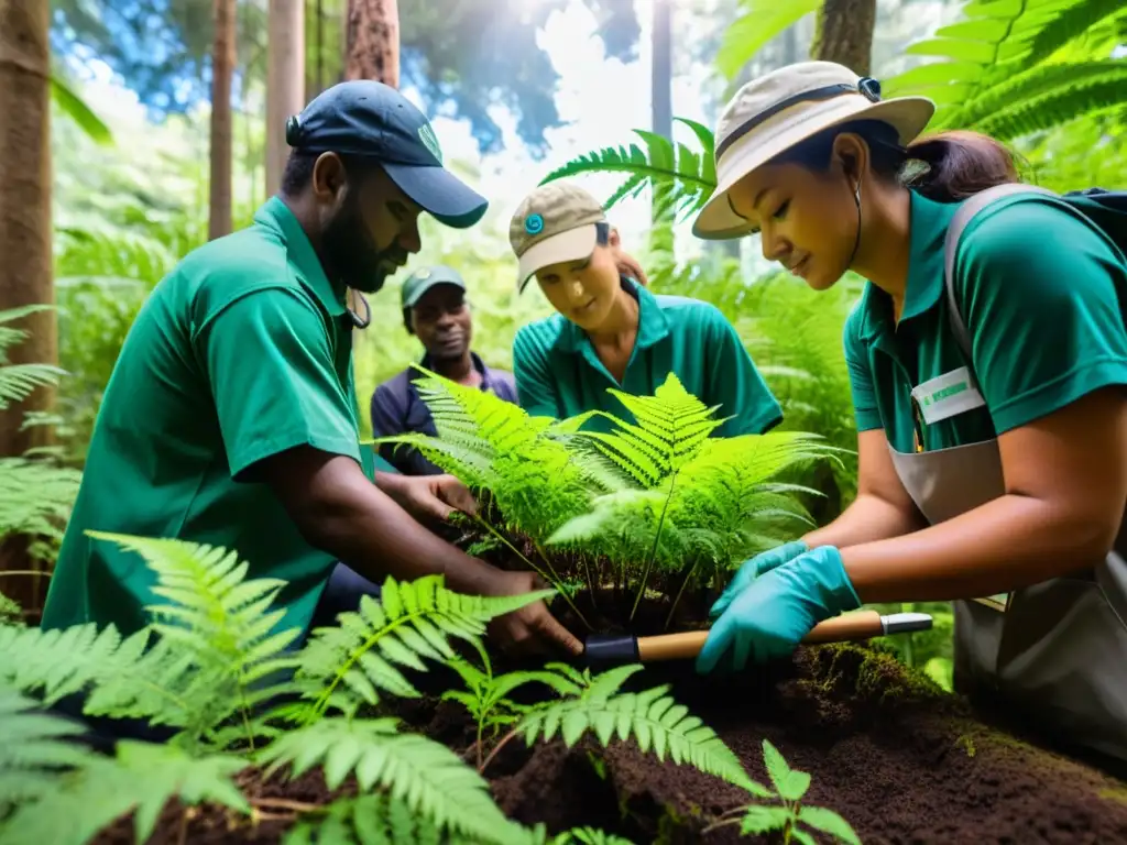 Un equipo de ecologistas y conservacionistas trabaja en la restauración de un exuberante bosque biodiverso