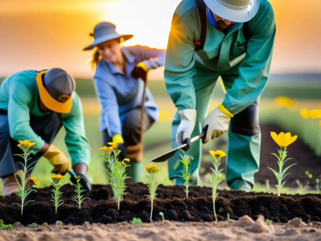 Un equipo de ecologistas y conservacionistas aplica técnicas de restauración ecológica en praderas degradadas, mostrando determinación y dedicación