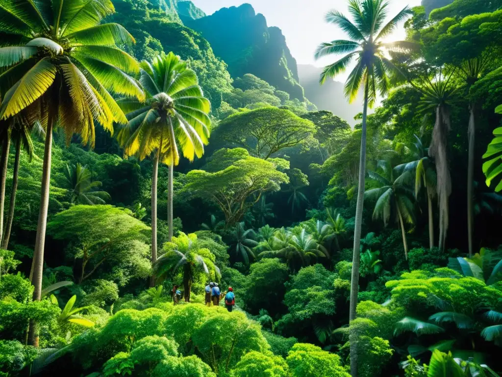 Equipo de ecologistas explorando ecosistemas insulares en Seychelles, entre palmeras y exuberante vegetación, descubriendo la diversa flora y fauna