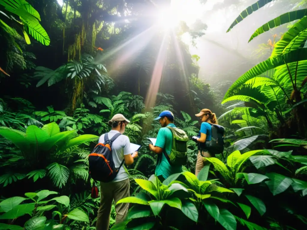 Un equipo de ecologistas realiza una encuesta de biodiversidad en una exuberante selva tropical, documentando plantas y animales