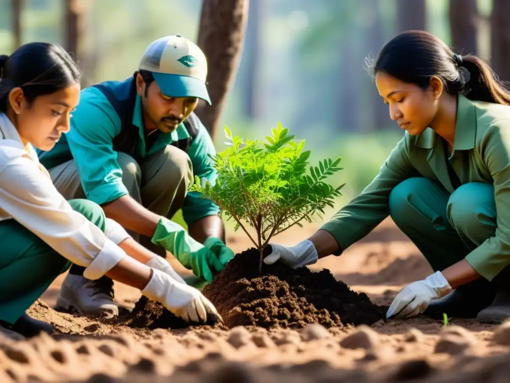 Un equipo de ecologistas y investigadores planta árboles nativos en un ecosistema degradado, con destreza y determinación