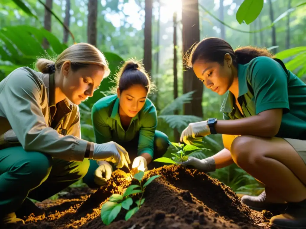 Un equipo de ecologistas recoge muestras de suelo en un exuberante bosque, con la luz dorada filtrándose a través del dosel