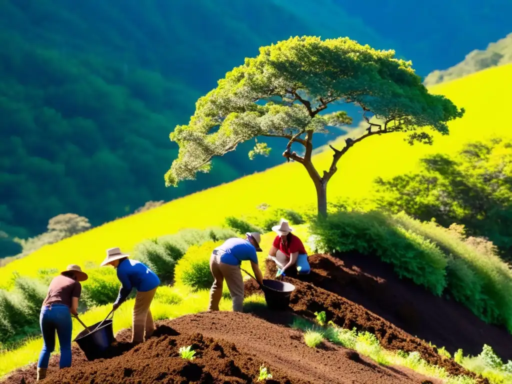 Un equipo de ecologistas y voluntarios plantan con esmero árboles nativos en una montaña