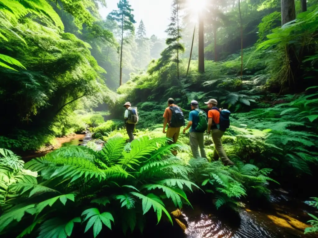 Equipo de ecólogos explorando la exuberante selva, observando plantas y configurando equipos