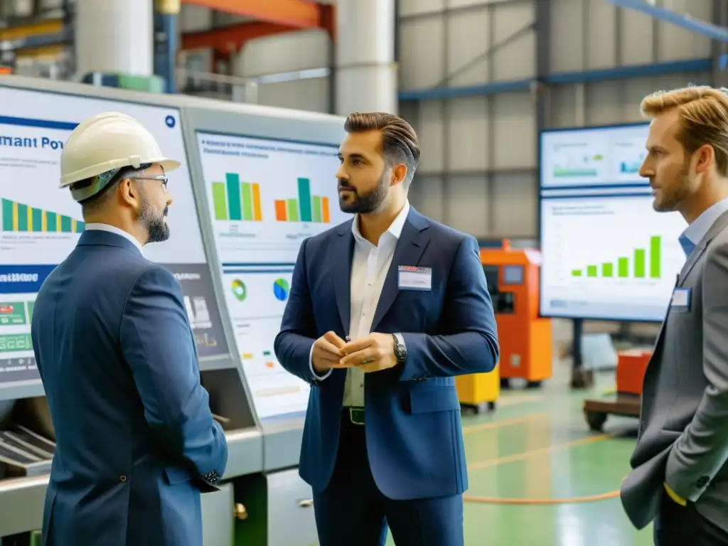 Un equipo de empleados en trajes de negocios examina una gran máquina industrial en un taller, discutiendo prácticas de gestión ambiental