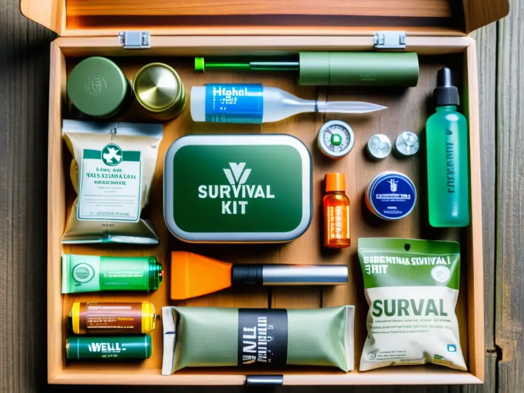 Kit de supervivencia en la selva: preparación esencial Equipo esencial exploradores selva amazónica: Detalles de un kit organizado para la supervivencia en la selva, sobre una superficie de madera cálida