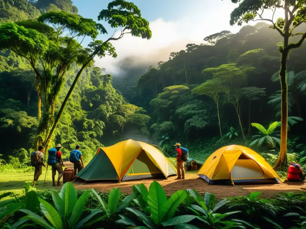 Expedición en la selva amazónica: montando campamento Equipo esencial exploradores selva amazónica montando campamento en la exuberante vegetación, preparándose para la aventura