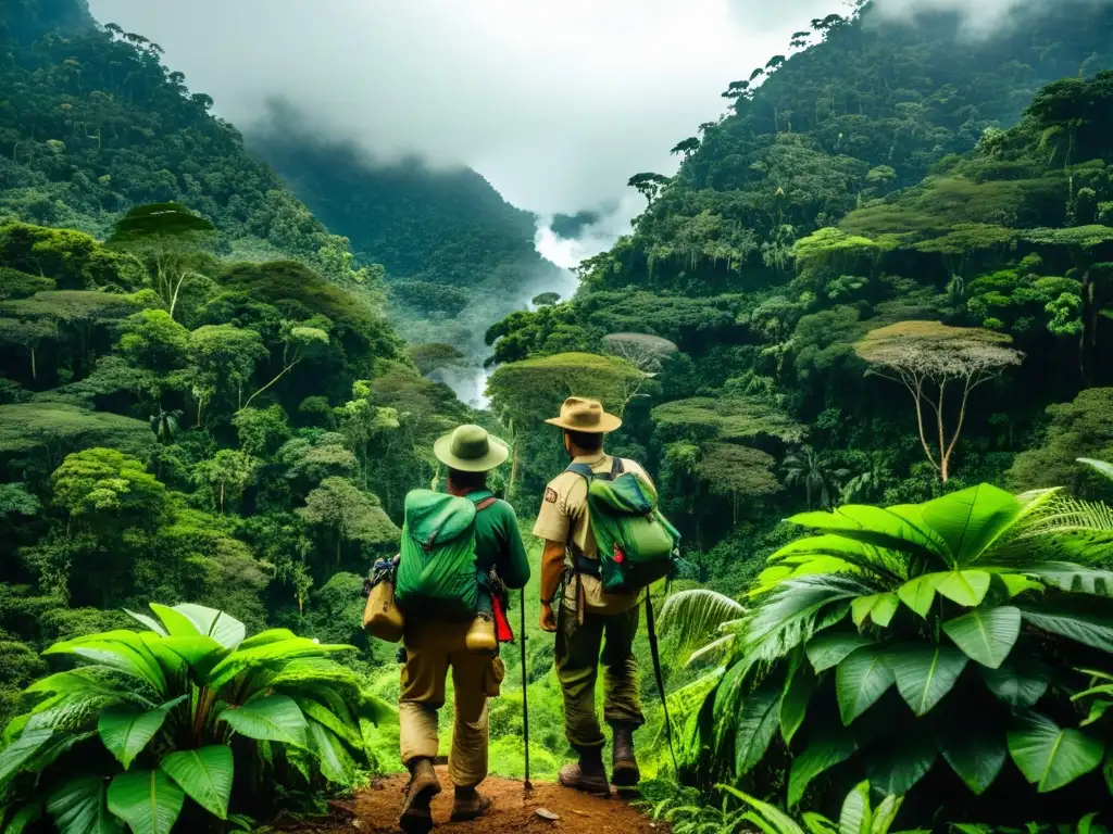 Exploradores en la selva amazónica: aventura y desafío Equipo esencial exploradores selva amazónica: Grupo de exploradores en la densa vegetación, preparándose para la aventura y desafíos del terreno