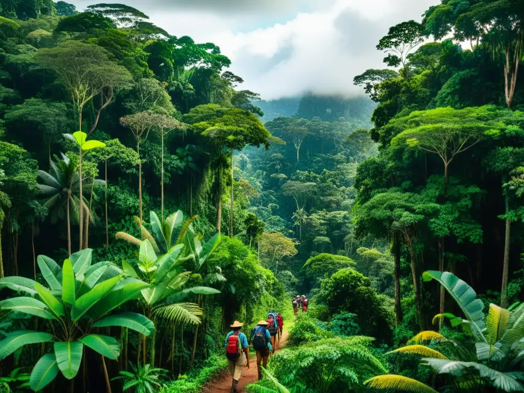 Exploradores en la selva amazónica con tecnología de vanguardia Equipo esencial exploradores selva amazónica navegando entre exuberante vegetación y altos árboles, equipados con tecnología de vanguardia