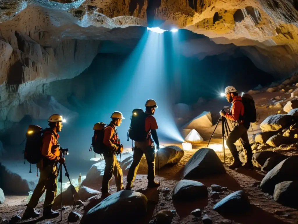 Un equipo de exploradores con cascos y linternas recorren con cuidado una cueva subterránea llena de formaciones de cristal