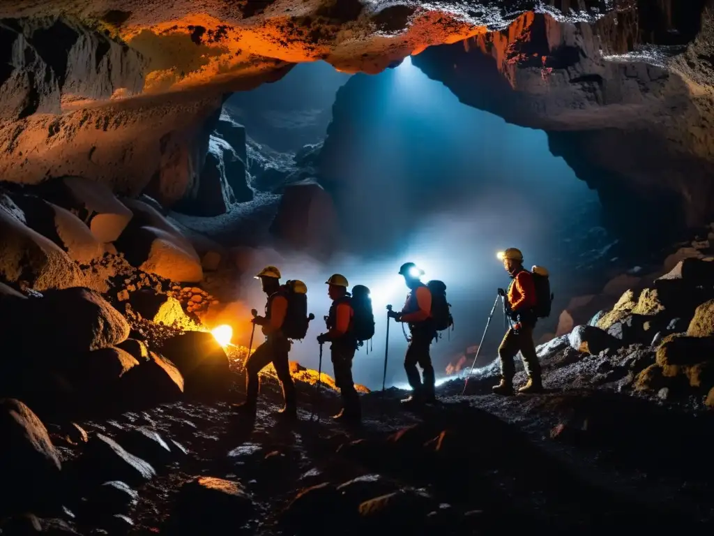 Equipo de exploradores en cueva volcánica con cascos, linternas y equipo de seguridad, admirando formaciones de lava única