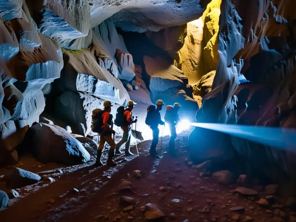 Un equipo de exploradores en una cueva volcánica, iluminados por faros, estudian formaciones rocosas con tecnología avanzada