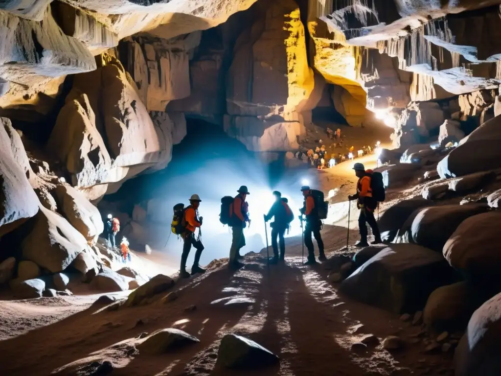 Un equipo de exploradores desciende con sus linternas y equipo de escalada a una caverna subterránea llena de formaciones rocosas